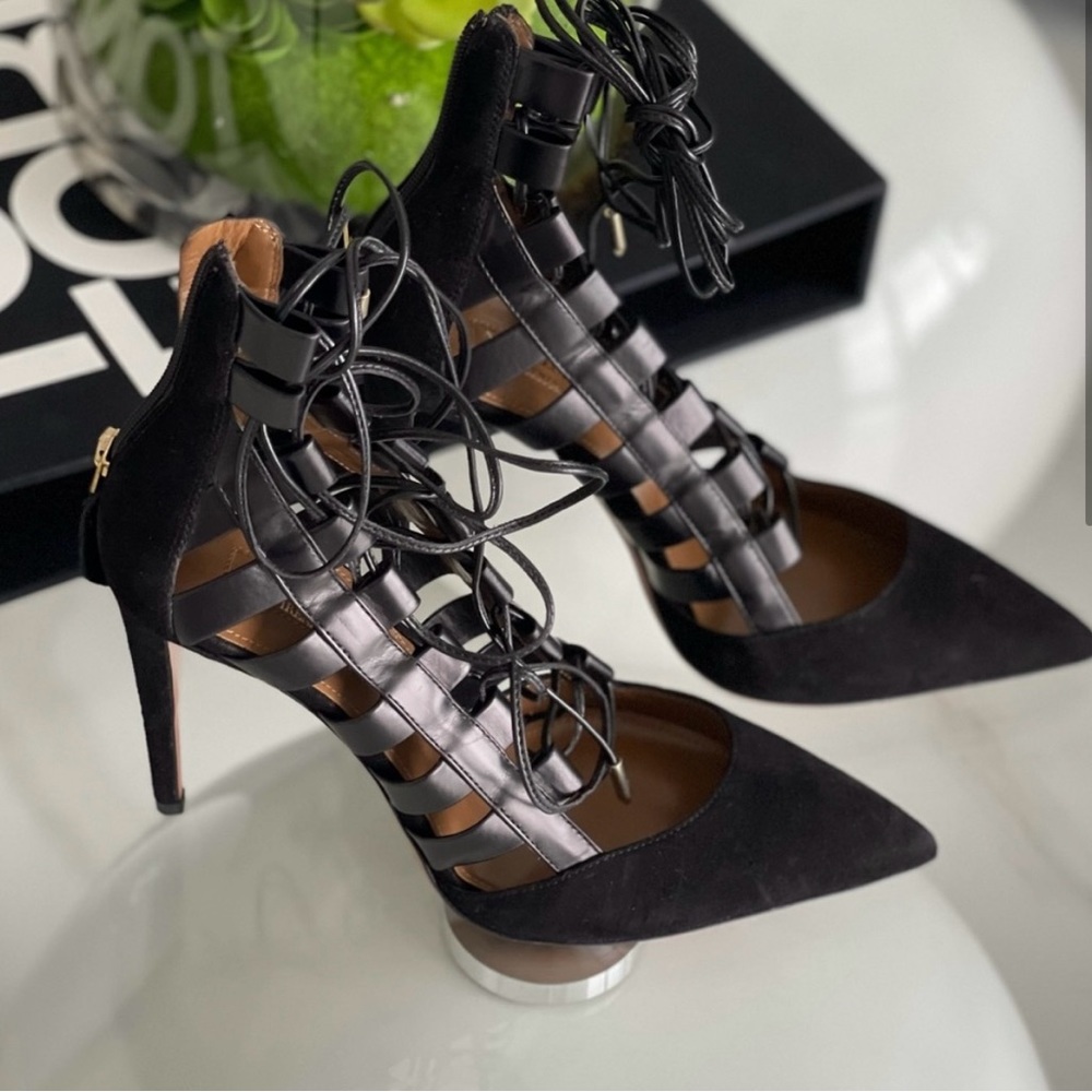 Aquazzura Black Suede and Leather Amazon Ankle Wrap Pumps